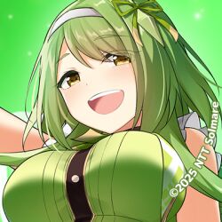 1girl 2025 :d breasts commentary_request company_name copyright_notice green_background green_hair green_theme hair_between_eyes kashima_nanao long_hair looking_at_viewer lowres moe!_ninja_girls ntt_solmare official_art open_mouth simple_background sleeveless smile solo teeth upper_body upper_teeth_only yellow_eyes