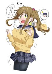 2girls black_pantyhose blue_sailor_collar blue_skirt blush brown_hair can cardigan commentary_request cropped_legs drink_can fang glasses green_eyes highres inuyama_aoi keito4f long_sleeves motosu_school_uniform multiple_girls neckerchief oogaki_chiaki open_mouth pantyhose pleated_skirt sailor_collar school_uniform short_eyebrows simple_background skin_fang skirt sound_effects speech_bubble surprised thick_eyebrows translation_request twintails white_background white_neckerchief wide-eyed yellow_cardigan yurucamp