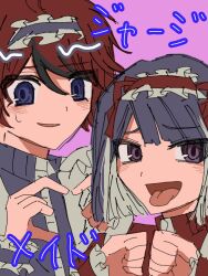 Rule 34 | 2boys, apron, black hair, crossdressing, heart, heart hands, japanese text, maid, maid apron, maid headdress, male focus, matching hair/eyes, multiple boys, open mouth, purple eyes, purple hair, red hair, smile, sumino takumi, the hundred line -last defense academy-, tongue, tongue out, translation request, tsukumo ima