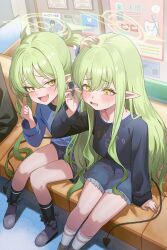 1other 2girls absurdres black_shirt black_shoes black_socks blue_archive blue_shirt blue_shorts blush demon_girl demon_tail fang green_hair hair_between_eyes hand_on_another&#039;s_head highres hikari_(blue_archive) long_hair looking_ahead looking_at_another miyabino_(miyabi1616) multiple_girls nozomi_(blue_archive) open_mouth pointy_ears shirt shoes shorts sidelocks sitting skin_fang socks sweatdrop tail twintails white_socks yellow_eyes