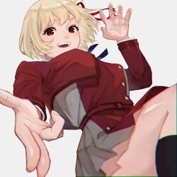 1girl ahoge arm_belt belt belt_buckle black_socks blonde_hair blue_ribbon breasts buckle chromatic_aberration cowboy_shot double-parted_bangs dress finger_gun floating_hair grey_dress hair_ribbon highres ito_yoshi large_breasts long_sleeves looking_at_viewer lycoris_recoil multicolored_dress neck_ribbon nishikigi_chisato open_hand open_mouth palms pleated_dress red_dress red_eyes red_ribbon ribbon short_hair simple_background smile socks solo spread_fingers teeth thighs upper_teeth_only white_background