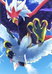 attack bird blue_eyes blue_sky braviary cloud commentary english_commentary falling_feathers feathers flying from_below gen_5_pokemon grabbing_from_behind height_difference highres looking_at_another looking_down looking_up nintendo no_humans open_mouth pokemon pokemon_(creature) predation qua sky talons tranquill yellow_eyes