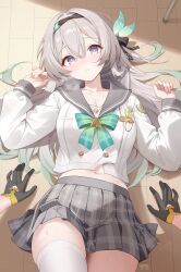 2girls artist_name black_bow black_gloves black_hairband blue_eyes blush bow bowtie breasts buttons cleavage collarbone commentary deyui double-breasted english_commentary fingernails firefly_(honkai:_star_rail) firefly_(spring_missive)_(honkai:_star_rail) from_above gloves gradient_hair green_bow green_bowtie green_hair green_pupils grey_hair grey_sailor_collar grey_skirt hair_between_eyes hair_bow hairband hands_up highres honkai:_star_rail honkai_(series) large_breasts long_hair long_sleeves looking_at_viewer lying midriff multicolored_eyes multicolored_hair multiple_girls navel official_alternate_costume on_back parted_lips plaid_clothes plaid_skirt pov pov_hands sailor_collar school_uniform serafuku shirt skirt stelle_(honkai:_star_rail) sweat thighhighs thighs trailblazer_(honkai:_star_rail) white_shirt white_thighhighs