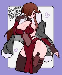 1girl arm_at_side asymmetrical_bangs bangle black_gloves black_thighhighs border borrowed_character bracelet breasts brown_hair choker cleavage closed_mouth coat coat_on_shoulders commission cowboy_shot cropped_legs detached_sleeves dress fingerless_gloves flipped_bangs fur-trimmed_sleeves fur_hood fur_trim gloves grey_background grey_coat groin hacco_mayu hair_over_one_eye hand_up heart highres jewelry knife knife_sheath large_breasts legs_together light_smile lipstick loincloth long_hair looking_at_viewer makeup nail_polish navel open_clothes open_coat original outside_border pouch purple_border purple_nails red_dress red_eyes red_lips red_sleeves revealing_clothes rounded_corners second-party_source see-through_dress_layer sheath sheathed signature single_sidelock skeb_commission solo spiked_bracelet spikes standing stomach thank_you thigh_pouch thighhighs thighs tsurime turning_head