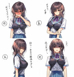 1girl amakano_3 black_vest blue_skirt blush bob_cut bow bowtie breasts brown_eyes brown_hair buttons closed_mouth covering_own_mouth from_side frown glaring hair_between_eyes highres medium_hair mole mole_under_mouth multiple_views nose_blush open_mouth piromizu pleated_skirt purple_bow purple_bowtie school_uniform shaded_face shirt simple_background skirt small_breasts solo translation_request upper_body vest white_background white_shirt yanagi_shion