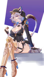 1girl :p absurdres animal_ear_fluff animal_ears bell black_gloves blue_eyes breasts cat_ears cipher_(honkai:_star_rail) cleavage fingerless_gloves gloves grey_hair high_heels highres holding honkai:_star_rail honkai_(series) hood jingle_bell long_hair long_sleeves medium_breasts sitting smile solo sumi_momo thigh_strap thighhighs thighs tongue tongue_out white_background