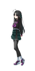 1girl absurdres ahoge arms_behind_back awa_subaru black_choker black_hair black_pantyhose black_sailor_collar black_shirt black_shorts choker closed_mouth commentary full_body girls_band_cry green_ribbon green_skirt hair_ribbon highres long_sleeves looking_at_viewer neckerchief pantyhose pantyhose_under_shorts parted_bangs plaid_clothes plaid_skirt pleated_skirt purple_eyes purple_neckerchief purple_shoes ribbon sailor_collar school_uniform serafuku shirt shoes shorts shorts_under_skirt simple_background skirt socks solo sukaliya thigh_strap white_background white_socks