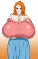 1girl bleach breasts coresix gigantic_breasts highres inoue_orihime long_hair orange_eyes orange_hair pink_skirt plump skirt thick_thighs thighs wide_hips