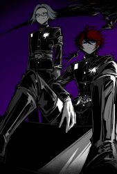 2boys ahoge aotsuki_eito armband belt black_boots black_pants black_streaks blue_eyes boots chinese_commentary evil_smile frown gakuran glasses gloves grey_hair highres holding holding_scythe hole_in_chest hole_on_body last_defense_academy_school_uniform liverginst looking_at_viewer male_focus multicolored_hair multiple_boys pants purple_background red_hair school_uniform scythe short_hair simple_background sitting smile standing streaked_hair sumino_takumi the_hundred_line_-last_defense_academy- weapon white_armband white_belt white_eyes white_gloves