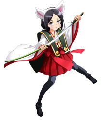 Rule 34 | 1girl, :o, animal ears, black footwear, black hair, black pantyhose, fake animal ears, female focus, fox ears, grey eyes, hairband, hakama, hakama short skirt, hakama skirt, holding, holding sheath, holding sword, holding weapon, japanese clothes, katana, kimono, long hair, long sleeves, looking at viewer, pantyhose, parted bangs, princess principal, red hakama, sheath, simple background, skirt, solo, sword, taniguchi gou, unsheathing, weapon, white background, white hairband, white kimono, wide sleeves