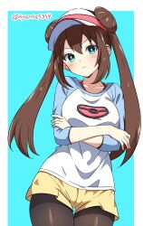 Rule 34 | 1girl, arms under breasts, black pantyhose, blue background, blue eyes, blush, breasts, brown hair, crossed arms, donut hair bun, double bun, hair bun, highres, kyanta5354, long hair, looking at viewer, nintendo, pantyhose, pantyhose under shorts, pokemon, pokemon (creature), pokemon bw2, raglan sleeves, rosa (pokemon), shorts, simple background, solo, twintails, visor cap, yellow shorts
