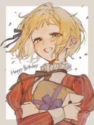 Rule 34 | 1girl, axis powers hetalia, blonde hair, blush, border, bow, box, brown ribbon, commentary request, confetti, crossed arms, dress, english text, envelope, floating hair, frills, gift, gift box, green eyes, grey border, hair ribbon, happy birthday, highres, holding, holding box, holding envelope, juliet sleeves, liechtenstein (hetalia), long sleeves, looking at viewer, narabiii400, neck ribbon, outside border, puffy sleeves, purple bow, purple ribbon, red dress, ribbon, shirt, short hair, simple background, smile, solo, sparkle, striped clothes, striped dress, teeth, upper body, vertical-striped clothes, vertical-striped dress, white shirt
