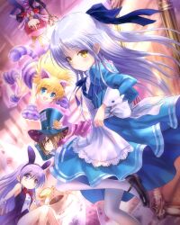 5girls ace_(playing_card) ace_of_hearts alice_(alice_in_wonderland) alice_(alice_in_wonderland)_(cosplay) alice_in_wonderland angel_beats! animal_costume animal_ears animal_hands apron black_dress blonde_hair blue_dress blue_ribbon brown_hair card cat_costume cheshire_cat_(alice_in_wonderland) cheshire_cat_(alice_in_wonderland)_(cosplay) cosplay crown dress fake_animal_ears frilled_apron frills gloves goto_p hair_ribbon hat heart highres hisako_(angel_beats!) irie_miyuki iwasawa_masami long_hair looking_at_viewer mad_hatter_(alice_in_wonderland) mad_hatter_(alice_in_wonderland)_(cosplay) multiple_girls oversized_object paw_gloves paw_shoes playing_card pocket_watch purple_hair queen_of_hearts_(alice_in_wonderland) queen_of_hearts_(alice_in_wonderland)_(cosplay) rabbit_ears red_hair ribbon sekine_shiori short_hair tenshi_(angel_beats!) top_hat watch white_apron white_hair white_rabbit_(alice_in_wonderland) white_rabbit_(alice_in_wonderland)_(cosplay) yellow_eyes