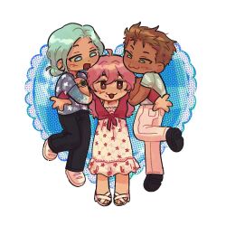 Rule 34 | 1girl, 2boys, 8wnqt, :3, :d, blush, border, brown eyes, brown hair, cardigan, carrying, carrying person, commission, commissioner insert, cove holden, crew cut, dangling, derek suarez, dress, green eyes, green hair, hair between eyes, halftone, heart, lace, lace-trimmed dress, lace trim, long hair, looking at another, looking at viewer, low ponytail, main character (our life), multiple boys, open mouth, ornate border, our life, our life: beginnings and always, outstretched hand, pink cardigan, pink hair, ponytail, sandals, second-party source, smile, spaghetti strap, spread fingers, standing, standing on one leg, star (symbol), star print, tongue, tongue out, vgen commission, watch, wristwatch