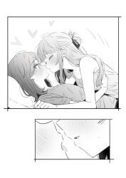 2girls blush closed_eyes commentary_request greyscale heart highres imminent_kiss long_hair looking_at_another lwmina70119 medium_hair miyagi_shiori monochrome multiple_girls parted_lips sendai_hazuki short_sleeves shuuniichido_classmate_wo_kau_hanashi tongue tongue_out yuri