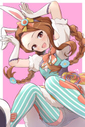Rule 34 | 1girl, animal ears, braid, brown hair, fake animal ears, gloves, highres, idolmaster, idolmaster million live!, idolmaster million live! theater days, looking at viewer, minase iori, open mouth, puffy short sleeves, puffy sleeves, rabbit ears, rabbit pose, short sleeves, shuucream (syuichi), smile, solo, twin braids, white gloves