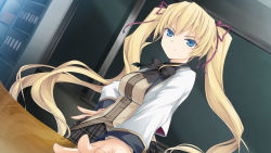 Rule 34 | 1girl, absurdres, black bow, black bowtie, blonde hair, blue eyes, bow, bowtie, chalkboard, dutch angle, female focus, frown, game cg, hair ribbon, hand on own hip, harem tengoku da to omottara yandere jigoku datta, highres, hiiro yuki, indoors, kujou shizuka, long hair, outstretched arm, plaid clothes, plaid skirt, red ribbon, ribbon, school uniform, serious, skirt, solo, twintails, very long hair