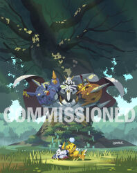 absurdres agumon artist_name cape commission crossed_legs digimon digimon_(creature) evolutionary_line forest full_body gabumon gero_rivera highres horns lizard mecha meditation nature omegamon on_grass red_cape robot single_horn sitting sleeping tree two-sided_cape two-sided_fabric white_cape