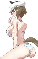 1girl absurdres alternate_costume animal_ears anok7456 ass bare_shoulders bikini blue_eyes blush breasts brown_hair cheval_grand_(umamusume) commentary_request food food_in_mouth hair_between_eyes hat highres holding holding_food holding_popsicle horse_ears horse_girl horse_tail large_breasts multicolored_hair nape peaked_cap popsicle popsicle_in_mouth sideboob simple_background solo streaked_hair striped_bikini striped_clothes sweat swimsuit tail umamusume white_background white_hair white_hat