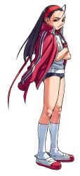 Rule 34 | 1girl, ahoge, arm out of sleeve, black buruma, black hair, buruma, crossed arms, edaki shin&#039;ya, game cg, gym shirt, gym uniform, hairband, highres, iinchou (justice gakuen), jacket, justice gakuen, kneehighs, long hair, looking at viewer, moero! justice gakuen, non-web source, official art, open clothes, open jacket, red hairband, shirt, simple background, smile, socks, solo, standing, track jacket, white background, white shirt