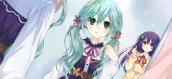 2girls :o blue_hair blush brown_eyes cardigan clover_hair_ornament date_a_live date_a_live:_spirit_pledge dress game_cg genderswap genderswap_(mtf) green_eyes green_hair hair_between_eyes hair_ornament indoors itsuka_shiori kyouno_natsumi long_hair long_sleeves looking_at_mirror looking_at_viewer mirror multiple_girls neck_ribbon official_art open_mouth red_ribbon reflection ribbon school_uniform smile third-party_source