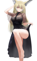 1girl absurdres angry animal_ear_fluff animal_ears arknights arm_behind_head bare_legs barefoot black_dress braid closed_mouth clothes_lift dress fox_ears fox_girl hair_between_eyes highres long_hair looking_to_the_side obniermarbiss orange_eyes see-through_clothes see-through_sleeves sidelocks single_braid skirt skirt_lift solo standing standing_on_one_leg vulpisfoglia_(arknights) yellow_eyes