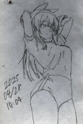 1girl absurdres arms_behind_head artist_name breasts buruma dated gloves hair_ribbon highres large_breasts legs long_hair looking_at_viewer monochrome nakoruru ribbon samurai_spirits seductive_gaze shirt sketch snk solo sports_uniform sportswear the_king_of_fighters thighs traditional_media very_long_hair