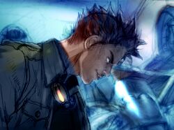 1boy game_cg goggles goggles_around_neck grin head_tilt hwoarang_(tekken) kawano_takuji male_focus official_art open_clothes open_shirt orange_hair shirt short_hair smile solo teeth tekken tekken_4 upturned_eyes v-shaped_eyebrows