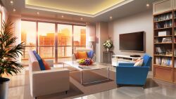 balcony book bookshelf bouquet box ceiling_light chair cityscape couch curtains daisy_(flower) flower fruit_bowl glass_door glass_table glowing highres indoors living_room no_humans non-web_source official_art our_life our_life:_beginnings_and_always photo_(object) plant potted_plant railing rug scenery sunset table television tile_floor tiles variant_set window wooden_table