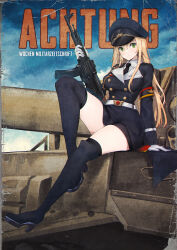 1girl arm_support assault_rifle belt black_boots black_necktie black_thighhighs blonde_hair boots breasts closed_mouth commission german_text girls&#039;_frontline gloves green_eyes gun hat high_heel_boots high_heels highres holding holding_gun holding_weapon long_hair long_sleeves looking_at_viewer medium_breasts military_hat military_uniform necktie peaked_cap persocon93 pixiv_commission rifle shirt sitting solo stg44 stg44_(girls&#039;_frontline) thigh_boots thighhighs thighhighs_under_boots very_long_hair weapon white_belt white_gloves white_shirt
