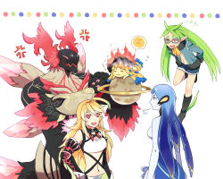3girls bad_id bad_pixiv_id blonde_hair blue_hair glasses gnome gnome_(tales) gradient_hair green_hair ifrit ifrit_(tales) milla_maxwell multicolored_hair multiple_girls navel pale_skin pointy_ears red_eyes sen_nai sylph sylph_(tales) tales_of_(series) tales_of_xillia undine undine_(tales)