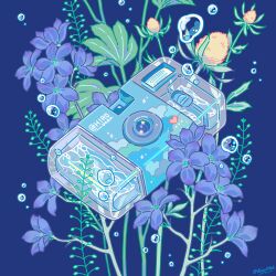 blue_background blue_flower bubble bud camera commentary_request fern flower heart highres hiro046k no_humans object_focus original signature simple_background water
