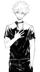 Rule 34 | 1boy, bakugou katsuki, black pants, black shirt, boku no hero academia, closed mouth, commentary, cowboy shot, crew neck, frown, greyscale, hair between eyes, hand in pocket, hand on own chest, highres, looking down, male focus, monochrome, neminemisho, pants, shirt, short hair, short sleeves, simple background, solo, spiked hair, standing, white background
