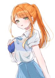 1girl :o blue_ribbon blue_skirt blue_sports_bra blush breasts gakuen_idolmaster green_eyes hatsuboshi_gakuen_school_uniform highres idolmaster long_hair looking_at_viewer maruno_zzz medium_breasts mole mole_under_eye neck_ribbon open_clothes open_shirt orange_hair ponytail ribbon school_uniform shirt shirt_tucked_in shiun_sumika short_sleeves simple_background skirt solo sports_bra sports_bra_visible_through_clothes sweat white_background white_shirt