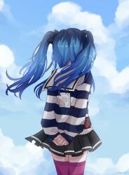 1girl amemiya_darumi arms_behind_back back back_focus black_bow black_hair black_skirt blue_background blue_hair bow cloud hirayacreates long_sleeves multicolored_hair pink_thighhighs pleated_skirt shirt skirt sky solo striped_clothes striped_shirt the_hundred_line_-last_defense_academy thighhighs twintails upper_body