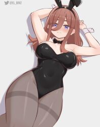 1girl absurdres animal_ear_hairband animal_ears arms_behind_back black_leotard blue_eyes bow bowtie breasts brown_hair detached_collar el_bin fake_animal_ears feet_out_of_frame go-toubun_no_hanayome grey_pantyhose hair_between_eyes hairband highres large_breasts leotard long_hair looking_at_viewer lying nakano_miku pantyhose playboy_bunny rabbit_ears solo strapless strapless_leotard thighband_pantyhose wrist_cuffs