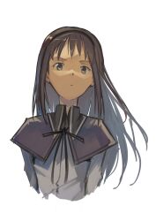 1girl absurdres akemi_homura akemi_homura_(magical_girl) black_hair cropped_torso highres kornod long_hair looking_at_viewer mahou_shoujo_madoka_magica purple_eyes shirt solo upper_body white_background white_shirt
