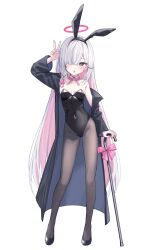 1girl :o alternate_costume animal_ear_hairband animal_ears arm_up bare_shoulders black_coat black_leotard black_pantyhose blue_archive blunt_bangs blush braid breasts cane coat colored_inner_hair commentary covered_navel detached_collar fake_animal_ears full_body grey_eyes hair_over_one_eye hairband halo highres holding holding_cane leotard loli long_hair long_sleeves looking_at_viewer multicolored_hair neck_ribbon open_clothes open_coat open_mouth pantyhose parted_lips pink_hair pink_halo pink_ribbon plana_(blue_archive) playboy_bunny rabbit_ears ribbon saeki_sora shoes simple_background single_braid small_breasts solo standing strapless strapless_leotard v very_long_hair white_background white_hair white_shoes