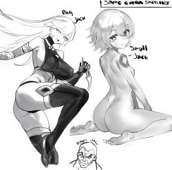 1boy 2girls absurdres aged_up alternate_breast_size ass boots breasts das_(dan_dan) english_text facial_scar fate/apocrypha fate/grand_order fate_(series) grappler_baki greyscale hair_between_eyes highres jack_hanma jack_the_ripper_(fate/apocrypha) jumping large_breasts loli long_hair looking_at_viewer looking_back monochrome multiple_girls name_connection nipples nude scar scar_across_eye scar_on_cheek scar_on_face short_hair shoulder_tattoo small_breasts smile tattoo thigh_boots