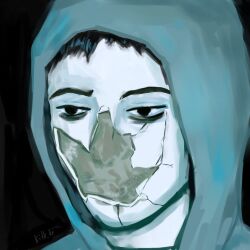 Rule 34 | 1boy, bags under eyes, black background, black eyes, black hair, blank stare, cracked skin, cry of fear, exhausted, grey hoodie, hood, hood up, hoodie, kitkke, madra (album), male focus, porcelain, portrait, short hair, simon henriksson, simple background, solo