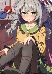 2girls absurdres black_pantyhose blue_shirt blush brushing_another&#039;s_hair brushing_hair buttons checkered_floor closed_mouth collarbone collared_shirt comb diamond_button frilled_shirt_collar frilled_skirt frilled_sleeves frills green_eyes green_sailor_collar green_skirt grey_hair hand_on_own_knee hand_on_own_leg heart heart_button heart_of_string highres holding_another&#039;s_hair komeiji_koishi komeiji_satori multiple_girls on_floor painting_(object) pantyhose pink_skirt polyhedron2 sailor_collar shirt sitting skirt smile third_eye touhou wide_sleeves yellow_shirt
