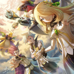 1girl 2boys blonde_hair cape closed_mouth commentary_request cynthia_(arc_suit)_(pokemon) cynthia_(pokemon) dated dragonite eyelashes garchomp gem gen_1_pokemon gen_3_pokemon gen_4_pokemon green_gemstone hair_ornament hair_over_one_eye highres hooh_lin jewelry lance_(arc_suit)_(pokemon) lance_(pokemon) long_hair long_sleeves metagross multiple_boys nintendo official_alternate_costume outdoors outstretched_arm pokemon pokemon_masters_ex ring signature smile spread_fingers steven_stone steven_stone_(arc_suit)