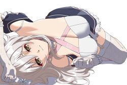 1girl arm_on_own_head arm_up armpit_crease assault_lily bare_shoulders black_skirt bow breasts cleavage clenched_hands closed_mouth collar commentary criss-cross_halter detached_sleeves elbow_gloves flower foreshortening frilled_collar frilled_gloves frilled_skirt frilled_sleeves frills garter_straps gloves grey_hair hair_between_eyes hair_bow hair_flower hair_ornament hair_spread_out halter_shirt halterneck hand_up hayakawa_yahiro lace lace_gloves lace_thighhighs large_breasts light_smile long_hair looking_at_viewer lying miniskirt mototenn on_side shirt short_sleeves simple_background skirt solo thighhighs white_background white_bow white_collar white_flower white_gloves white_shirt white_thighhighs yellow_eyes