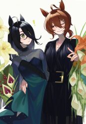 ! 2girls absurdres agnes_tachyon_(umamusume) ahoge animal_ears belt_buckle black_dress black_hair blush brown_eyes brown_hair buckle calla_lily cowboy_shot dress flower grin hair_between_eyes hair_ornament hairclip hand_on_another&#039;s_waist highres horse_ears horse_girl jewelry lily_(flower) long_hair long_hair_between_eyes manhattan_cafe_(umamusume) mujintou_png multicolored_flower multicolored_hair multiple_girls necklace one_eye_closed orange_flower short_hair smile streaked_hair teeth tiger_lily two-tone_flower umamusume white_background white_flower white_hair white_lily wide-eyed yellow_eyes
