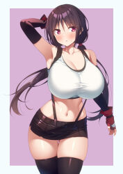 1girl arm_behind_head armpits black_hair black_skirt blush breasts cleavage cosplay crop_top elbow_gloves fingerless_gloves gloves highres kazuma_(kazumav) large_breasts long_hair looking_at_viewer midriff navel original red_eyes skirt solo suspender_skirt suspenders tank_top thighhighs tifa_lockhart tifa_lockhart_(cosplay) white_tank_top