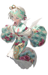 Rule 34 | 1girl, absurdres, argyle clothes, argyle kimono, cecilia immergreen, cecilia immergreen (new year), closed mouth, double-parted bangs, floral print, floral print kimono, flower, frilled gloves, frilled kimono, frills, full body, gloves, gradient hair, green eyes, green hair, green kimono, grey hair, hair between eyes, hair bun, hair flower, hair ornament, highres, hololive, hololive english, japanese clothes, kimono, lace, lace-trimmed kimono, lace trim, layered kimono, looking at viewer, multicolored hair, obi, official alternate costume, official alternate hairstyle, print kimono, red sash, sash, short hair, simple background, smile, solo, toripisu, virtual youtuber, white background, wide sleeves, winding key