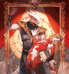 1boy 1girl baldur&#039;s_gate baldur&#039;s_gate_3 black_lips blonde_hair blood bodysuit brother_and_sister candlestand closed_eyes cowboy_shot curtains dagger detached_sleeves dragon_boy dragonborn_(d&amp;d) dungeons_&amp;_dragons dungeons_&amp;_dragons furry furry_male hand_on_another&#039;s_chest headpiece heart_(organ) highres hip_vent holding holding_dagger holding_heart_(organ) holding_knife holding_weapon knife leaning_back long_hair low-braided_long_hair low-tied_long_hair orin_the_red picture_frame red_bodysuit red_eyes runes siblings skull skyorange standing the_dark_urge_(baldur&#039;s_gate) weapon