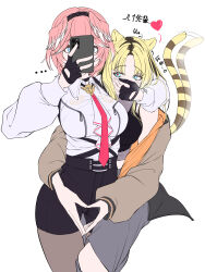 2girls absurdres animal_ears black_gloves black_tank_top blonde_hair blue_eyes blush breast_zipper breasts fingerless_gloves gloves hair_between_eyes hairband head_wings high-waist_shorts highres hololive hug jacket koganei_niko large_breasts long_hair long_sleeves multiple_girls necktie pantyhose pink_hair puffy_sleeves que1538 red_necktie see-through_clothes see-through_shirt see-through_tank_top shirt short_hair shorts tail takane_lui takane_lui_(1st_costume) tank_top tiger_ears tiger_tail virtual_youtuber white_shirt wings yuri
