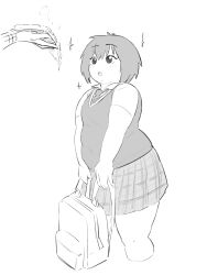 Rule 34 | 1girl, 1other, absurdres, aruru (rnruru), backpack, bag, cropped legs, double chin, dress shirt, drooling, fat, fat woman, food, greyscale, hair between eyes, highres, holding, holding food, holding pizza, holding strap, long sleeves, looking ahead, looking at food, monochrome, mouth drool, necktie, open mouth, original, pizza, plaid clothes, plaid skirt, pleated skirt, raised eyebrows, school uniform, shirt, short hair, short sleeves, simple background, sketch, skin tight, skirt, sparkle, standing, sweater vest, teeth, thick arms, thick thighs, thighs, tight clothes, tight shirt, unworn backpack, unworn bag, upper teeth only, white background