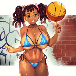 Rule 34 | 1girl, arms behind back, ayukawa miyuki, balancing on finger, ball, bandaid, bandaid on face, basketball, basketball (object), basquash!, bikini, black hair, blue bikini, breasts, brick wall, cleavage, dark-skinned female, dark skin, graffiti, hair ornament, highres, keigi, large breasts, lips, navel piercing, o-ring, o-ring bikini, piercing, shiny skin, shortstack, side-tie bikini bottom, smile, solo, string bikini, swimsuit, tan, tanline, thighs, thong, thong bikini, twintails, wide hips